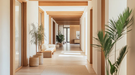 An interior view of a minimalist hallway with clean lines, a few decorative plants, and natural wood accents, leading to various rooms while maintaining a sense of openness and tranquility.の素材