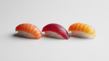 A beautifully arranged omakase set of nigiri sushi featuring tuna, salmon, and eel on a plain white background, allowing the vibrant colors and delicate presentation to stand out.の素材