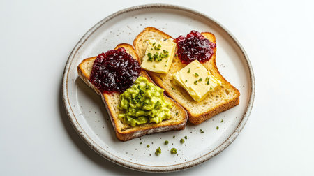 A beautifully arranged plate of golden-brown toasted bread slices topped with various spreads like butter, jam, and avocado, set against a bright white background for a fresh and inviting look.の素材