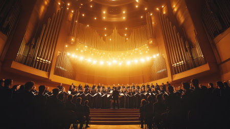 An elegant adult choir performing in a grand concert hall, with dramatic lighting and beautiful architecture, creating a sense of awe and inspiration.の素材