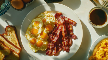 An overhead view of a delicious breakfast spread, featuring crispy bacon, scrambled eggs, and toast on a white table, creating an inviting atmosphere for morning meals.の素材