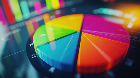A close-up of a colorful pie chart on a computer screen, showcasing data distribution and percentages in a clear and engaging way.の素材