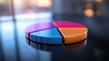 A close-up of a D pie chart with gradient colors, showcasing financial statistics, with each slice separated for emphasis, placed on a sleek, reflective surface.の素材