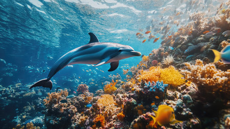 A captivating underwater view of a dolphin gliding smoothly through a school of fish, with vibrant coral reefs and sea life in the background.の素材