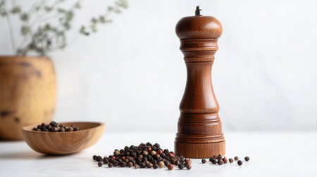 A clean, minimalistic image of a pepper mill with whole peppercorns and ground pepper displayed on a white surface, emphasizing its function and design.の素材