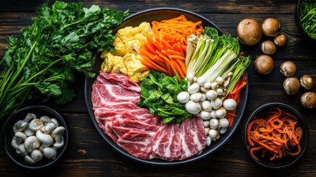 A vibrant assortment of fresh vegetables and meat arranged beautifully on a dark wooden table, perfect for cooking or meal preparation, showcasing healthy eating.の素材
