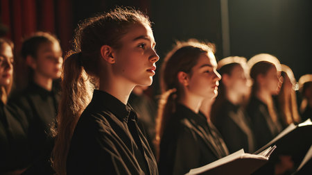 A behind-the-scenes view of a choir preparing for a performance, with members adjusting their attire and practicing their vocal warm-ups, capturing the anticipation before the show.の素材