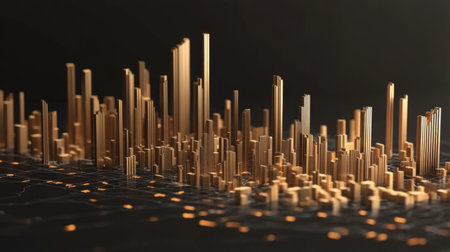 This stunning abstract visualization features a three-dimensional representation of data using gold-colored bar graphs. Ideal for technology and creativity themes.の素材