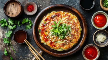 A mouthwatering Korean pancake elegantly presented on a brown plate, garnished with fresh herbs and sesame seeds. Accompanied by various sauces, this dish embodies delicious flavors perfect for any meal.の素材