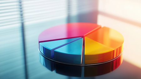 A close-up of a D pie chart with gradient colors, showcasing financial statistics, with each slice separated for emphasis, placed on a sleek, reflective surface.の素材