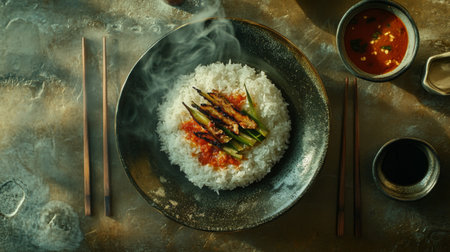 A stunning overview of a delicious grilled skewer dish served on fluffy rice, garnished with herbs and accompanied by flavorful sauces, creating an inviting dining experience.の素材