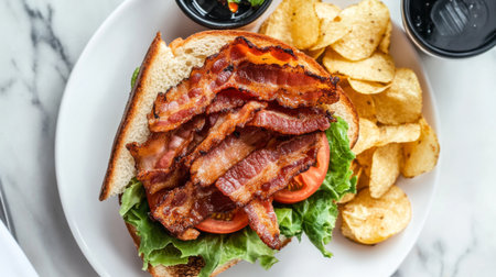 A mouthwatering bacon sandwich featuring crispy bacon, fresh lettuce, and ripe tomatoes, served with a side of crunchy potato chips, perfect for any meal.の素材