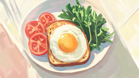 Enjoy a vibrant breakfast plate featuring a fried egg atop toasted bread, complemented by fresh tomatoes and greens for a nourishing start to your day.の素材