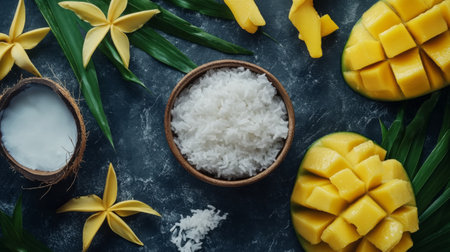 Vibrant flatlay of tropical dessert ingredients showcasing fresh mango, coconut, and rice surrounded by green leaves. Perfect for food photography and recipes.の素材