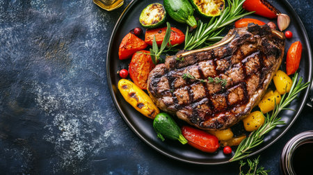 A beautifully arranged grilled beef steak served on a black plate, surrounded by vibrant vegetables and fresh herbs, perfect for a gourmet meal or culinary inspiration.の素材