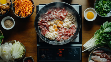 An overhead view of a bubbling hot pot filled with vibrant ingredients, including fresh meat, vegetables, and eggs, perfect for a cozy meal experience.の素材