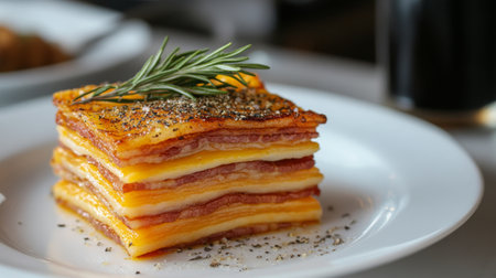 A mouthwatering lasagna dish showcasing layers of cheese and pasta, garnished with a fresh herb. Perfect for food lovers and culinary enthusiasts.の素材