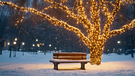 A tranquil winter scene features a bench beneath a beautifully illuminated tree glowing in the snow, creating a serene atmosphere perfect for evening strolls.の素材