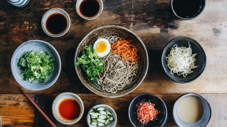 A vibrant soba noodle bowl with fresh ingredients and sauces elegantly arranged on a rustic wooden table, perfect for culinary themes and food photography.の素材