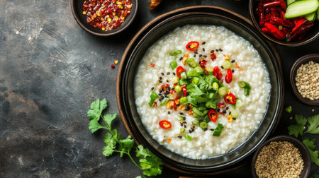 Enjoy a vibrant bowl of hot porridge adorned with fresh herbs, spices, and colorful toppings. Perfect for a comforting meal any time of day.の素材