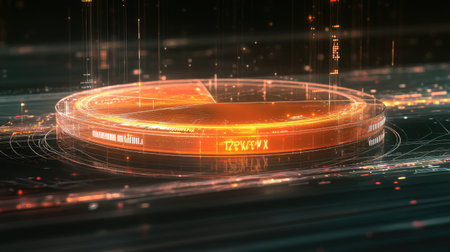 A transparent D pie chart floating in space, with digital percentages hovering above each section, surrounded by glowing data streams and network lines.の素材