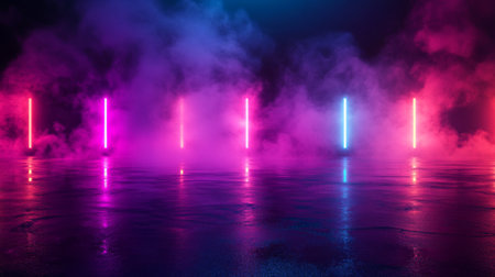 A captivating scene featuring colorful neon lights and mist creating a dynamic atmosphere. This image evokes energy and vibrancy, perfect for creative projects.の素材