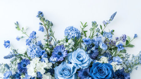 A blue-themed floral arrangement with different shades of blue flowers, creating a harmonious and elegant display with a clean, white background.の素材