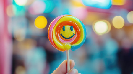 A hand holding a brightly colored lollipop with a smiley face, emphasizing the fun and playful aspect of the candy in a lively setting.の素材
