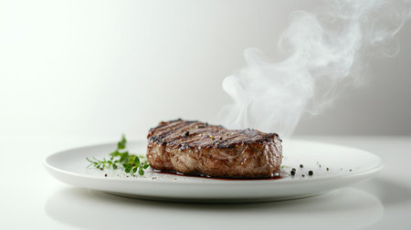 A steak searing on a white plate, with smoke rising and a few fresh herbs sprinkled on top, creating a dynamic and appetizing image against a white background.の素材