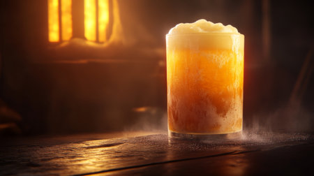A freshly poured glass of beer showcases a rich amber color and frothy foam, set against a warm, rustic background. The condensation adds to its refreshing allure.の素材