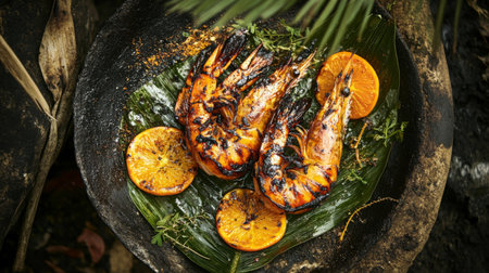 Experience the delicious appeal of grilled shrimp paired with zesty orange slices on a leafy plate. Perfect for summer gatherings and outdoor dining.の素材