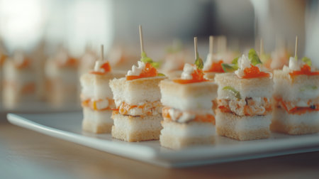 Delight in these elegant mini sandwiches featuring fresh ingredients, colorful garnishes, and exquisite presentation, perfect for parties and special occasions.の素材