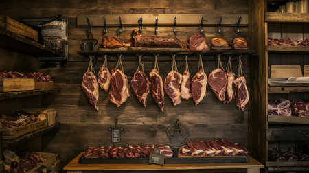 A vibrant display of various meat cuts in a rustic butcher shop. The hanging selection showcases the quality and freshness of the meat in a traditional atmosphere.の素材