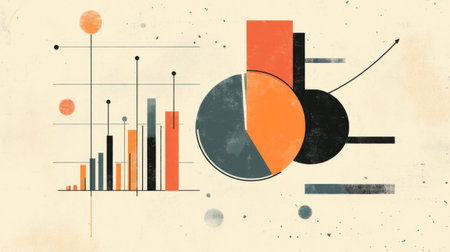 Eye-catching abstract graphic featuring geometric shapes and data visualizations. Ideal for presentations, reports, and modern design projects focused on data and creativity.の素材