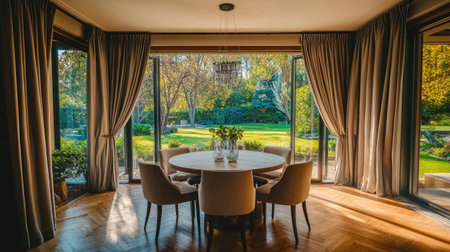 A wide view of a dining room with curtains drawn back, framing a picturesque garden view and enhancing the room's connection with the outdoors.の素材