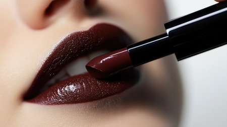 A top-down view of a lipstick being applied to lips, with focus on the rich color and smooth application, set against a plain white backdrop.の素材