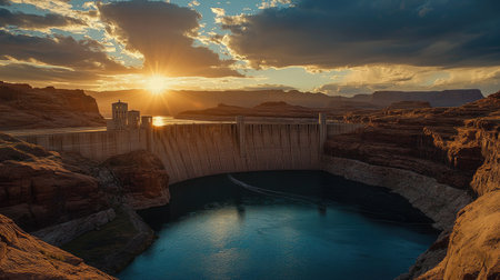 A scenic image of a dam during sunset, with warm light illuminating the structure and casting long shadows over the water, creating a serene and dramatic effect.の素材