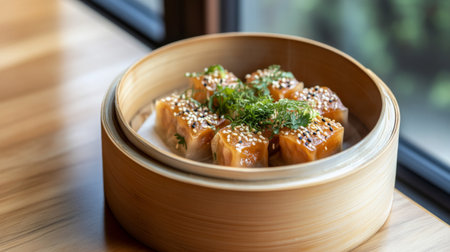 This image showcases a delightful arrangement of steamed dumplings drizzled with herbs and sesame, beautifully presented in a bamboo steamer, exuding freshness and culinary charm.の素材