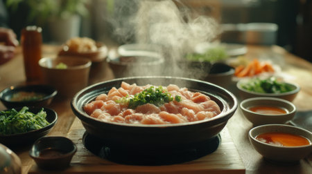 A steaming hot pot filled with fresh ingredients sits on a rustic wooden table, surrounded by small bowls of sauces and vibrant vegetables, inviting a communal dining experience.の素材