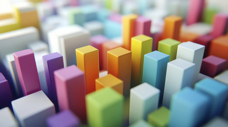 A vibrant and colorful abstract cityscape created with 3D geometric shapes, showcasing a playful arrangement of blocks in lively hues, perfect for modern design themes.の素材