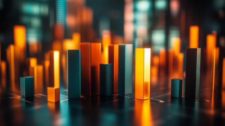 A vibrant and abstract depiction of financial data, featuring colorful bar charts and glowing shapes, ideal for illustrating modern business analysis and insights.の素材
