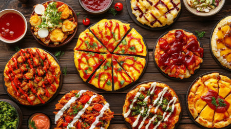 A vibrant spread of gourmet pizzas featuring diverse toppings and sauces, presented on a rustic wooden table, ideal for sharing at gatherings or special occasions.の素材