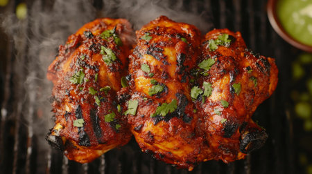 A mouthwatering view of grilled chicken infused with spices and fresh herbs, creating a delightful culinary experience perfect for summer barbecues and gatherings.の素材