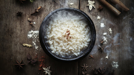 A close-up of steaming white rice in a dark bowl, surrounded by an array of spices and herbs on a rustic wooden table, creating a warm and inviting culinary scene.の素材