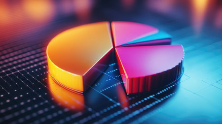 A close-up of a D pie chart with gradient colors, showcasing financial statistics, with each slice separated for emphasis, placed on a sleek, reflective surface.の素材