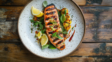 A beautifully plated dish of grilled salmon fillet, garnished with fresh herbs and lemon wedges, served on a rustic wooden table, showcasing the vibrant colors and appetizing presentation.の素材