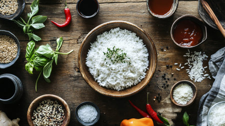 A visually appealing arrangement featuring freshly cooked white rice in a wooden bowl. Surrounding ingredients include herbs, spices, and sauces, showcasing a vibrant and natural cooking scene.の素材