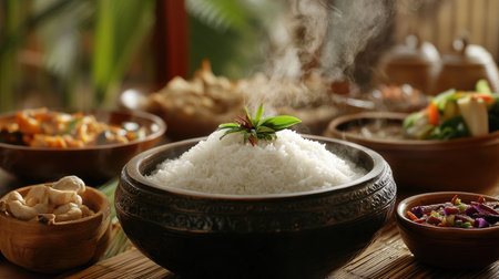 A bowl of freshly steamed white rice with steam rising, placed on a wooden table, accompanied by traditional Thai dishes, creating a warm and inviting meal setting.の素材