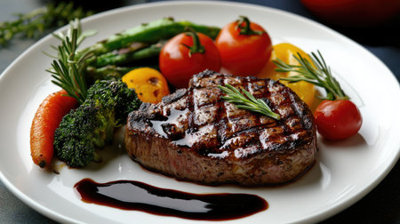 An elegant restaurant setting with a gourmet steak dish presented artistically, accompanied by colorful vegetables and a drizzle of balsamic reduction, showcasing fine dining.の素材