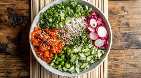 A vibrant bowl filled with fresh vegetables, spicy sauce, and garnishes offers a colorful, healthy meal option. Perfect for food enthusiasts and chefs.の素材